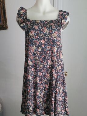 LOFT Navy Floral Mini Dress with Pink and Cream Roses